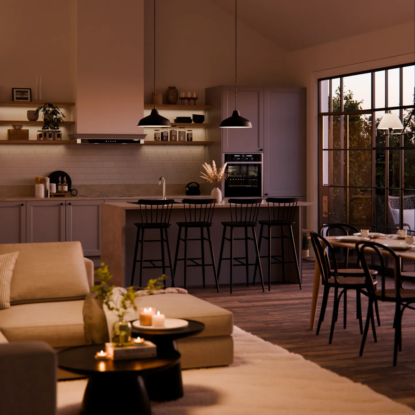 Interiörvisualisering modernt kök kvällsljus